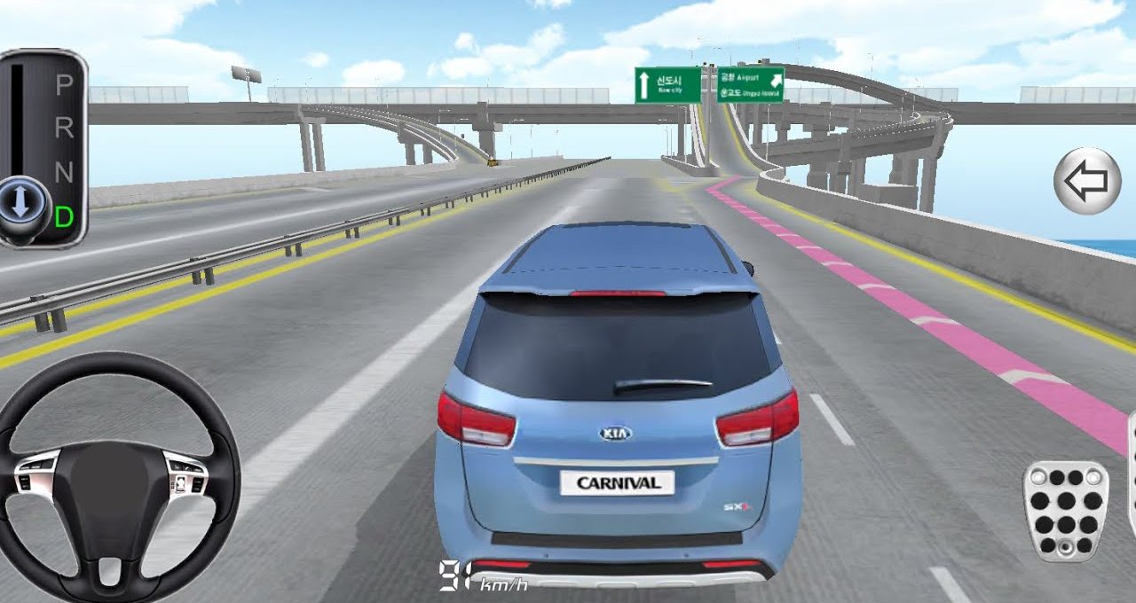 Blue Kia Carnival driving on elevated highway in a racing game interface.