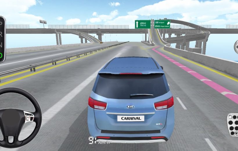 Blue Kia Carnival driving on elevated highway in a racing game interface.
