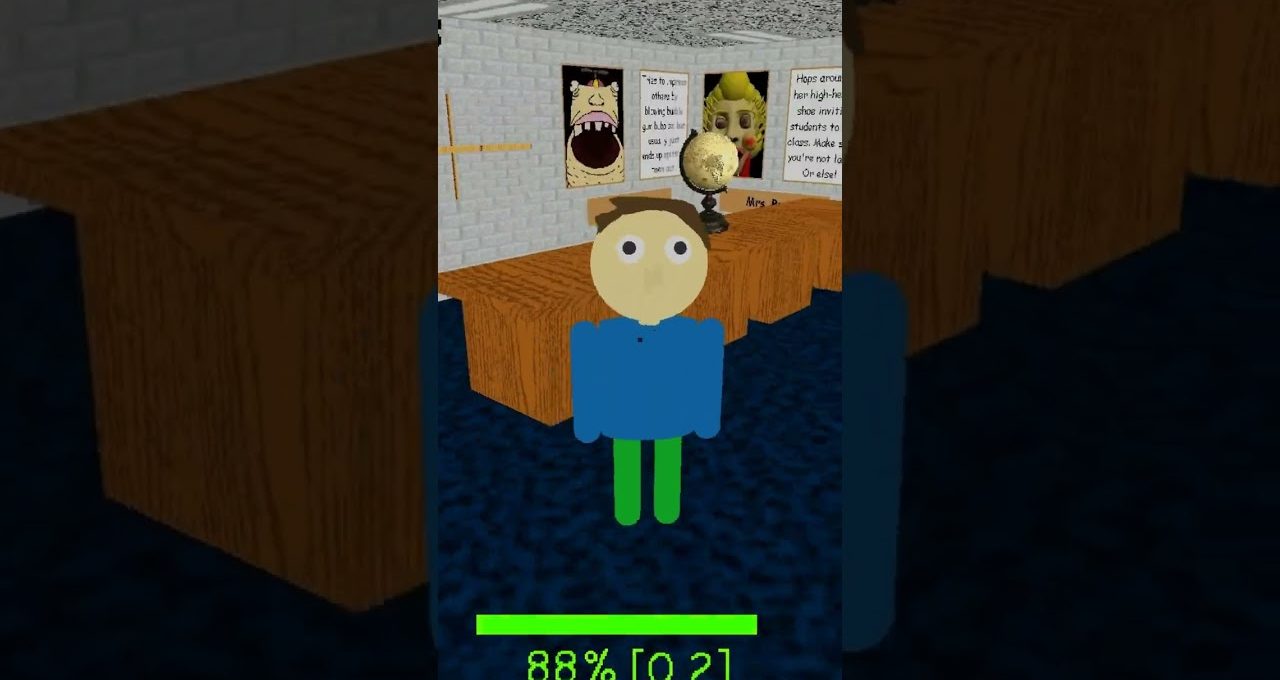 Cartoon classroom character standing in front of teacher's desk with globe and posters