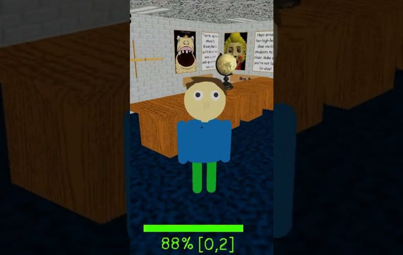 Cartoon classroom character standing in front of teacher's desk with globe and posters