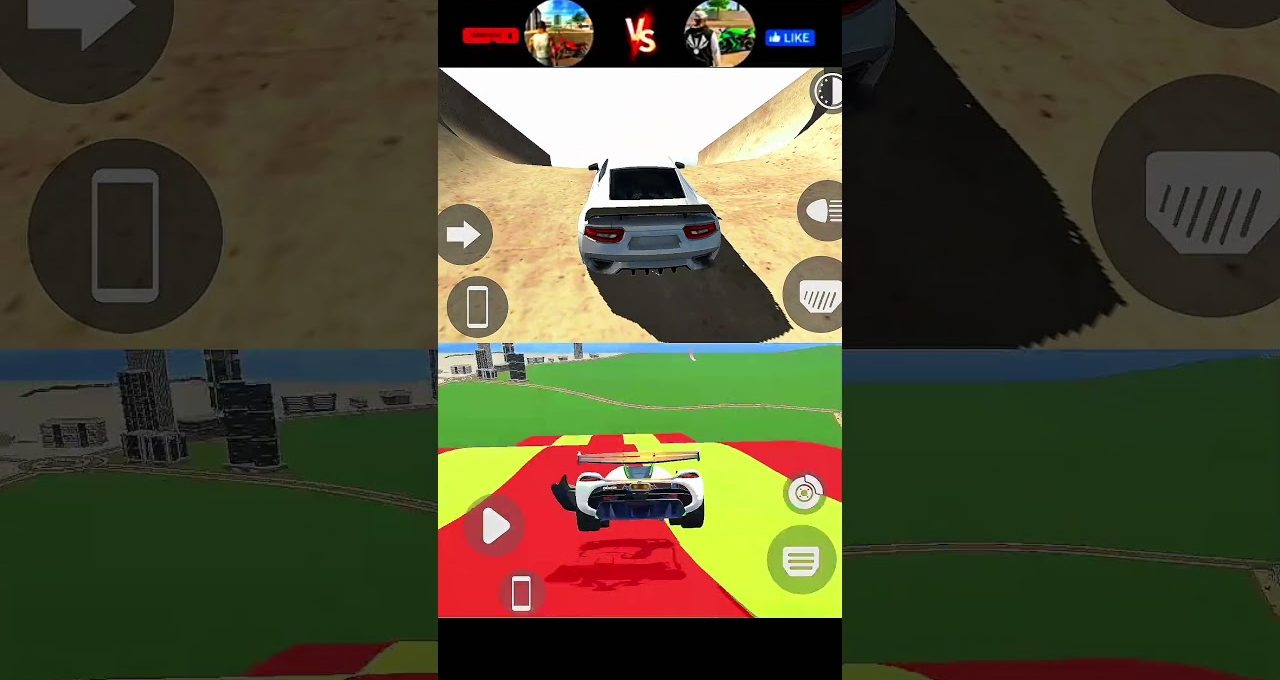 Two white sports cars driving through colorful game tracks in split-screen racing view