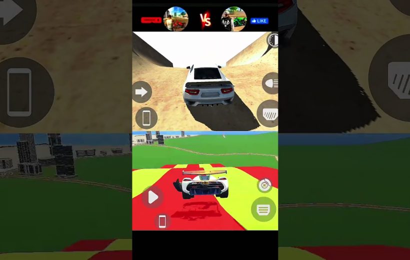 Two white sports cars driving through colorful game tracks in split-screen racing view