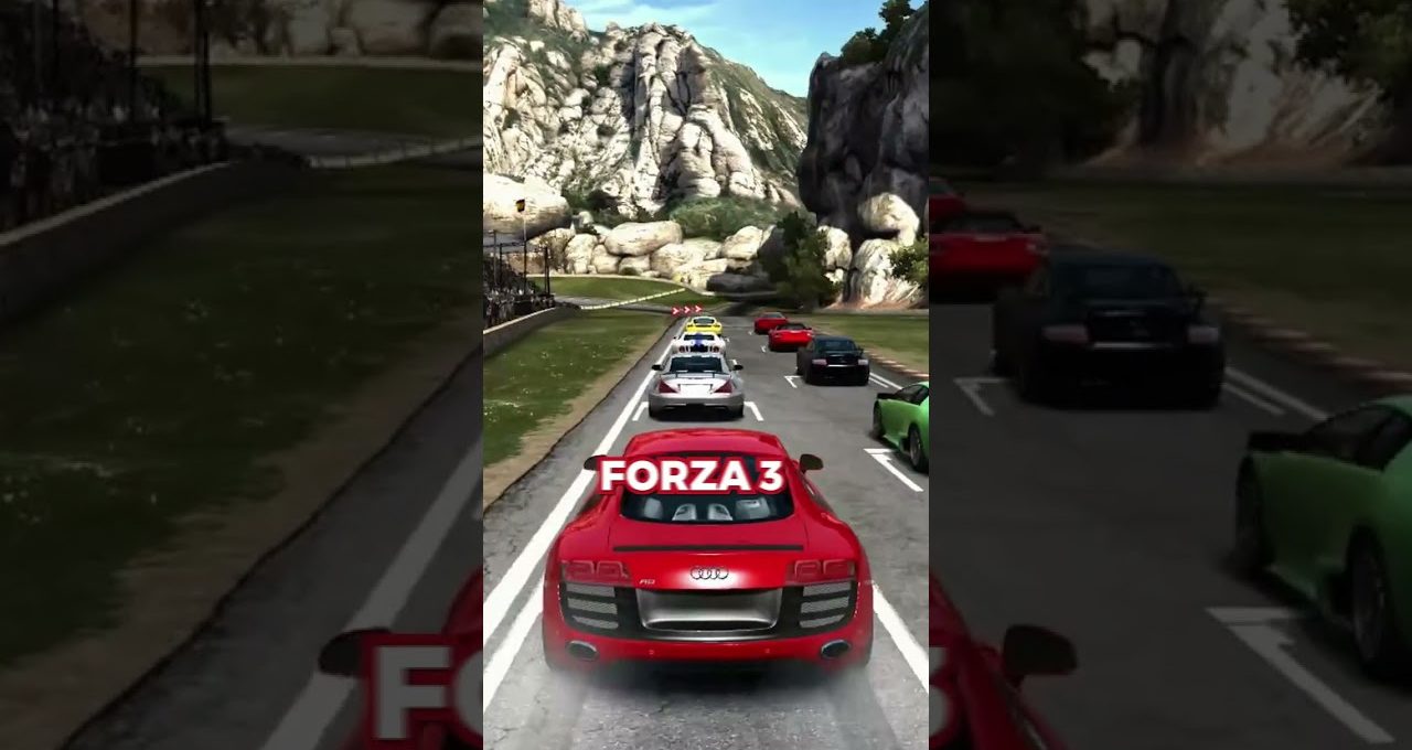 Red sports car racing behind several cars on a mountainous winding road, captioned Forza 3