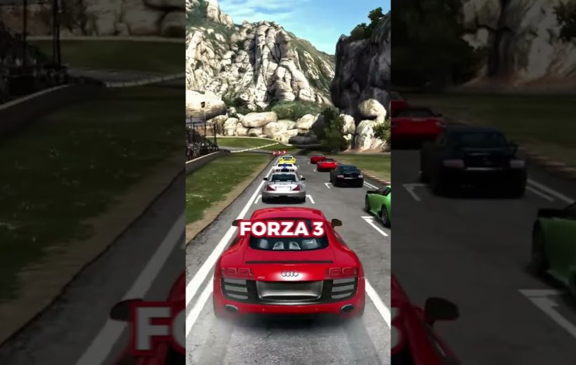 Red sports car racing behind several cars on a mountainous winding road, captioned Forza 3