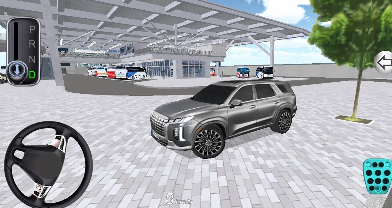 Silver SUV parked under a large covered bus terminal with buses in background
