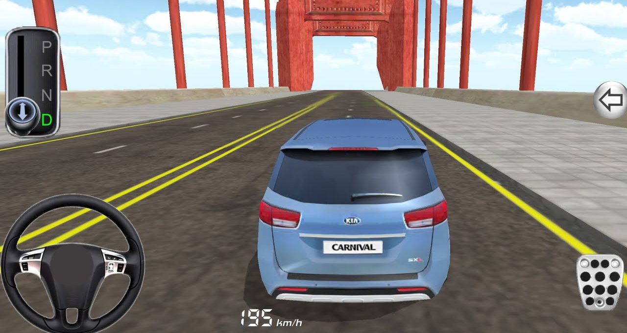 Rear view of a blue Kia Carnival driving on a bridge in a game simulation