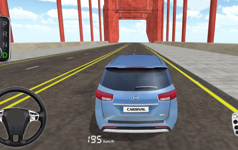 Rear view of a blue Kia Carnival driving on a bridge in a game simulation
