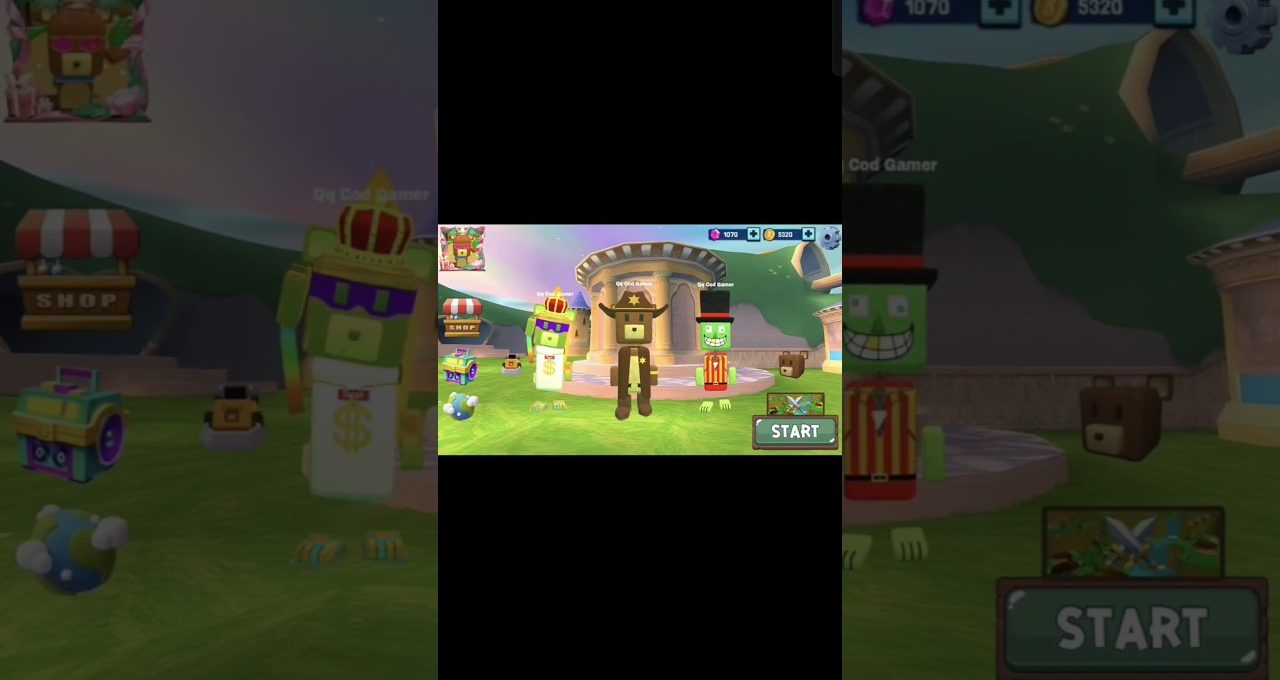 Colorful game lobby showing three cartoon character avatars and a green "Start" button
