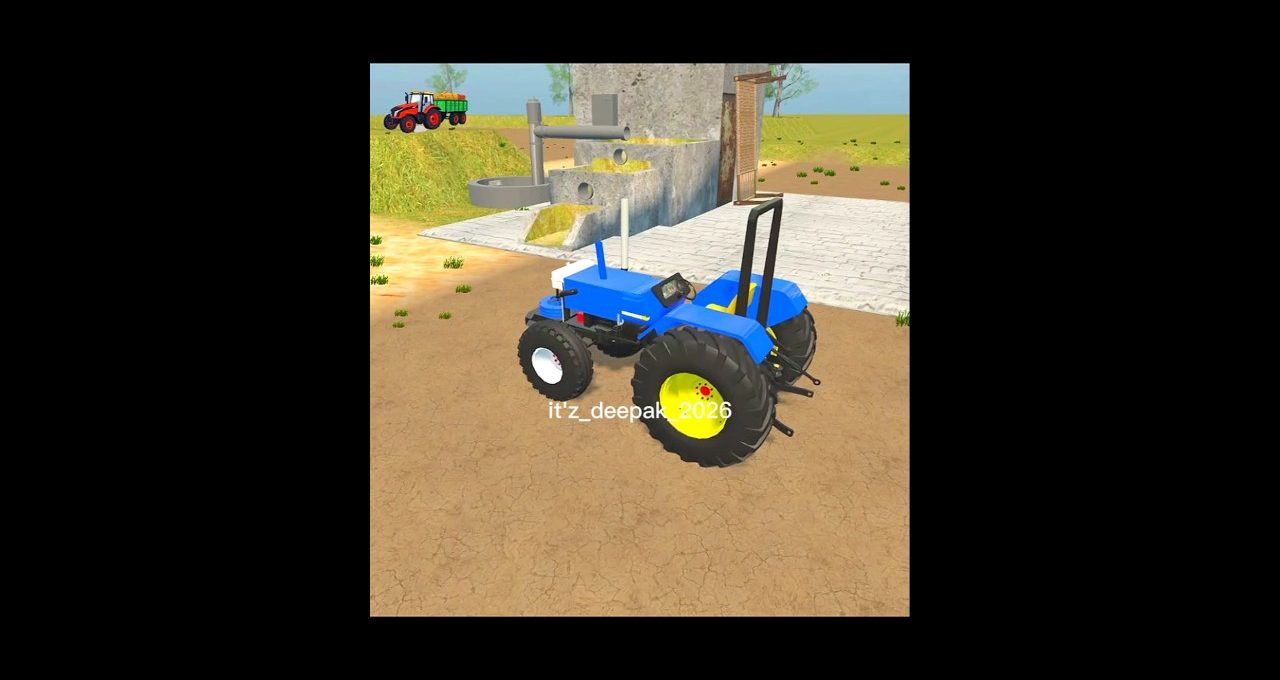 Blue tractor parked on dry farmyard near concrete feeding structure and distant trailer