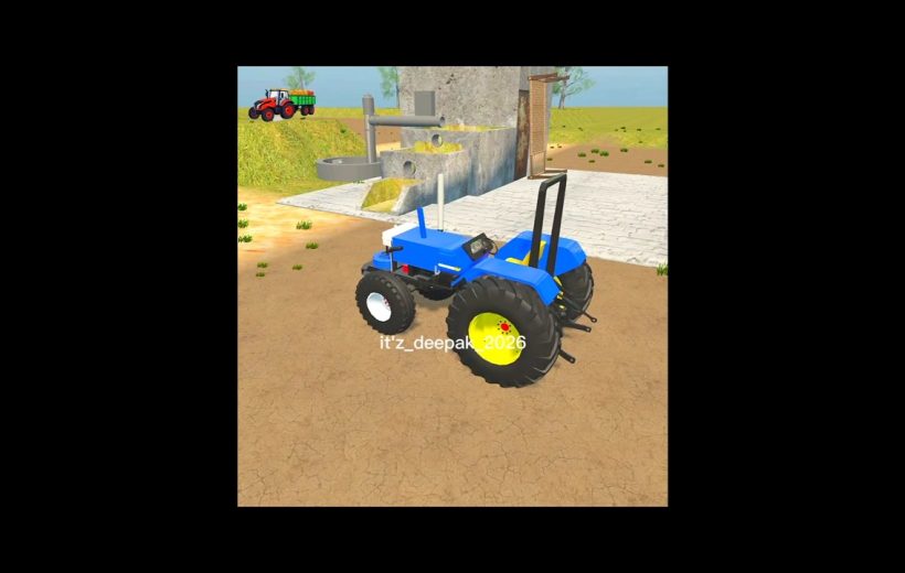 Blue tractor parked on dry farmyard near concrete feeding structure and distant trailer