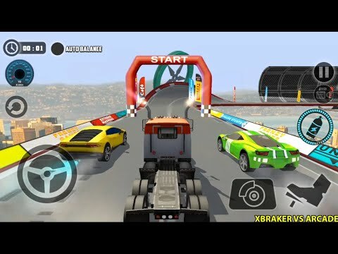 Truck driving on elevated racetrack approaching a START arch alongside two sports cars