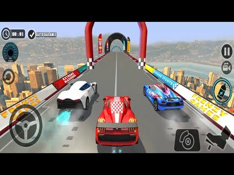 Three futuristic race cars speeding on elevated city track toward a looped tunnel ahead