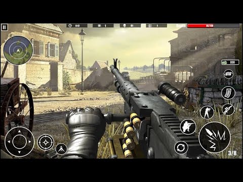 First-person view of a soldier firing a mounted machine gun in ruined village