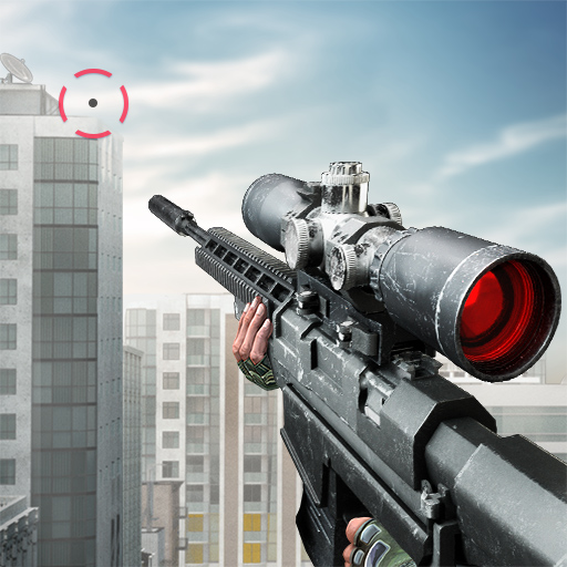 Sniper rifle with scope aimed toward urban high-rise buildings with red targeting reticle