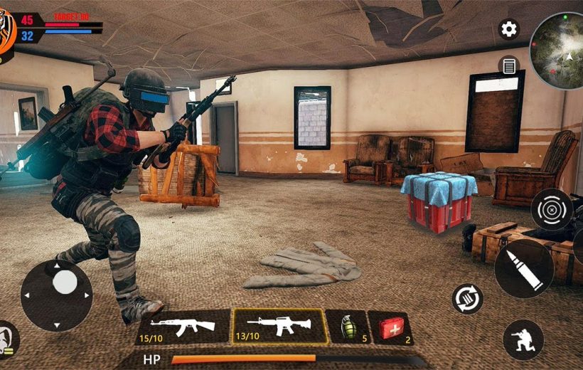 Player character with rifle searching an indoor room in a battle royale game