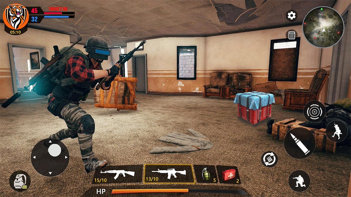 Player character with rifle searching an indoor room in a battle royale game
