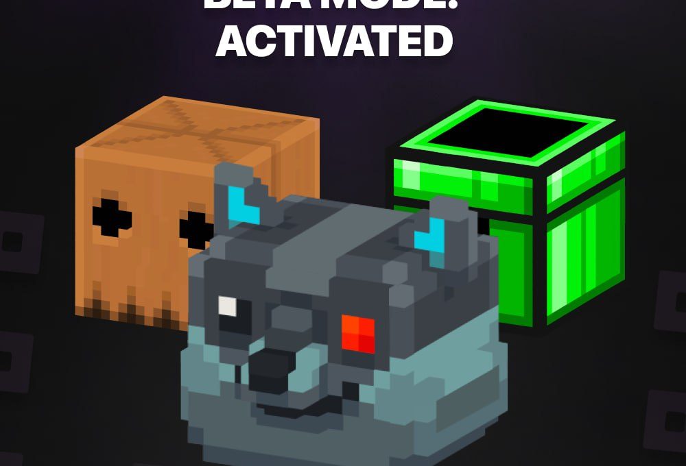 Pixelated wolf head with red eye between wooden crate and glowing green box.