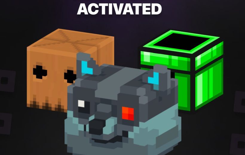 Pixelated wolf head with red eye between wooden crate and glowing green box.