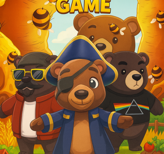 Three cartoon bears in costumes standing in a sunny farm scene with bees