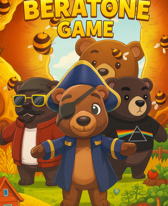 Three cartoon bears in costumes standing in a sunny farm scene with bees