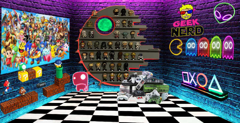 Colorful gaming room with shelves of Funko figures, consoles, neon arcade icons.