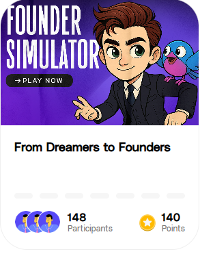 Cartoon founder character in suit with a bird, purple "Founder Simulator" banner above