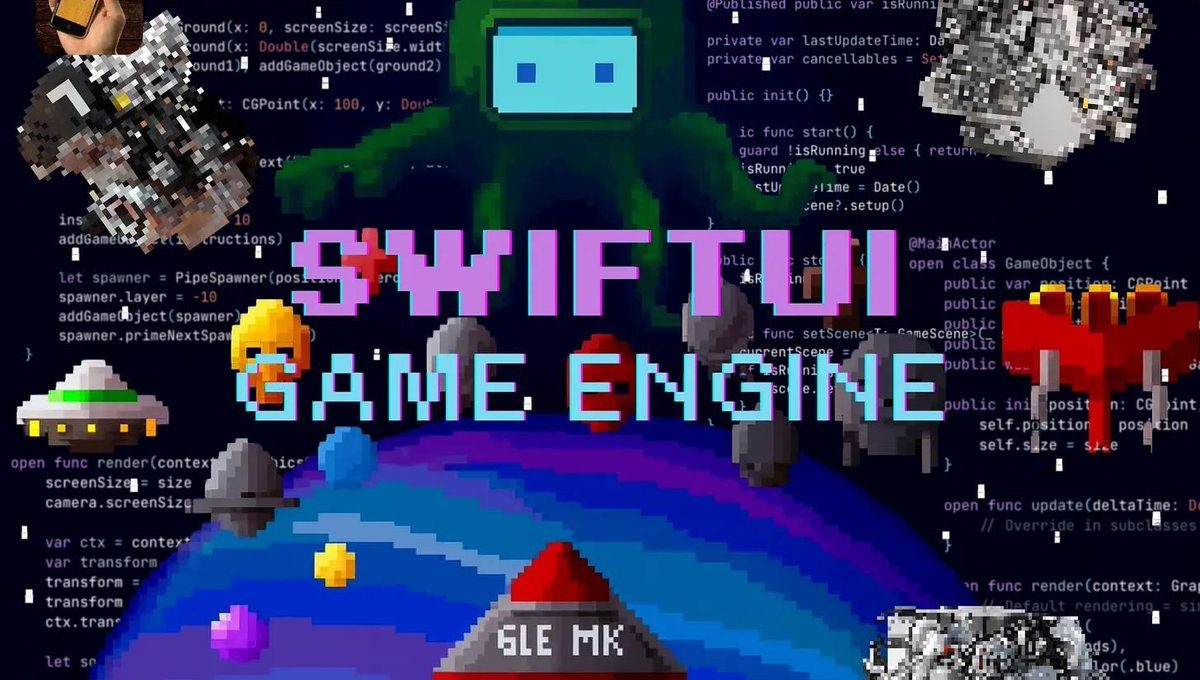 Pixel art space scene with text "SWIFTUI GAME ENGINE" and floating retro sprites
