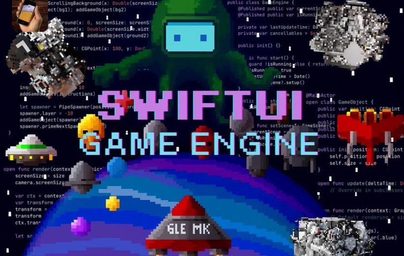 Pixel art space scene with text "SWIFTUI GAME ENGINE" and floating retro sprites