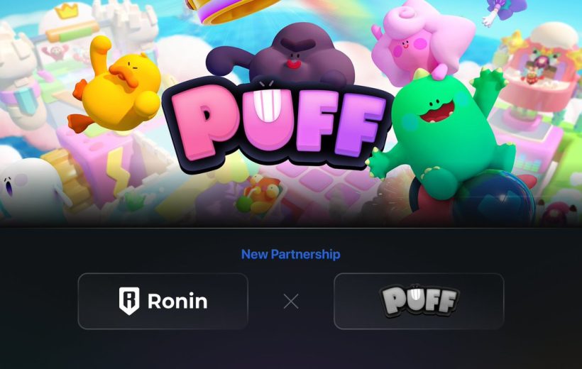 Colorful PUFF game logo with smiling cartoon characters above a partnership announcement with Ronin