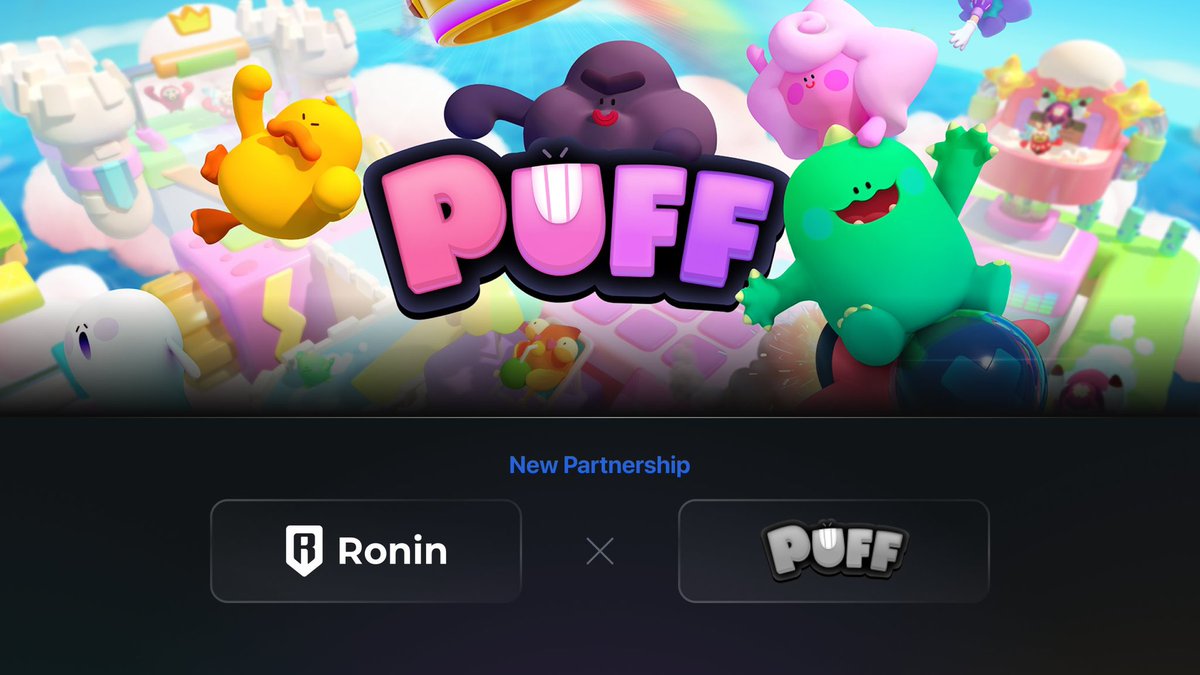 Colorful PUFF game logo with smiling cartoon characters above a partnership announcement with Ronin