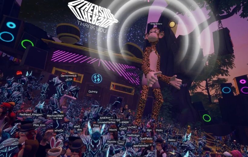 Crowded virtual concert with avatars and a giant leopard-costumed performer on stage