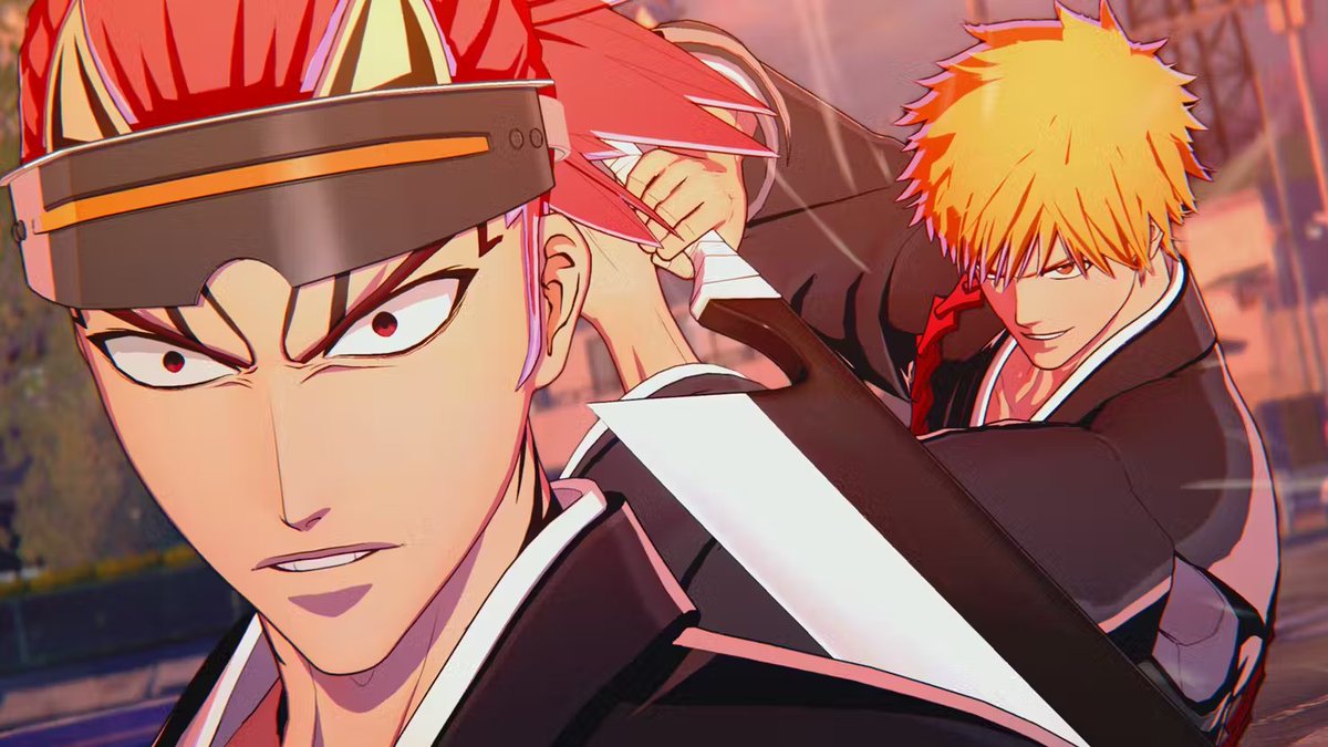 Two anime swordsmen facing off, one with red hair, one with blond hair