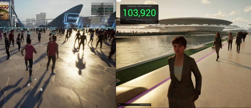 Crowded futuristic waterfront plaza with pedestrians walking past modern architecture and digital displays