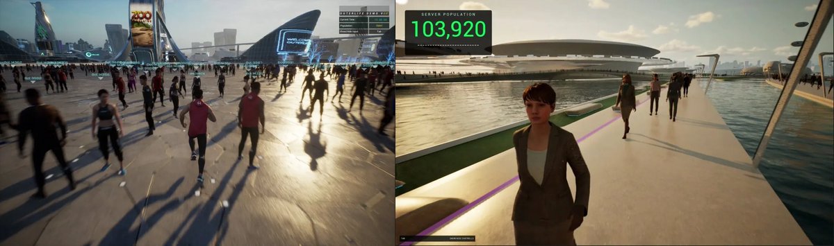 Crowded futuristic waterfront plaza with pedestrians walking past modern architecture and digital displays