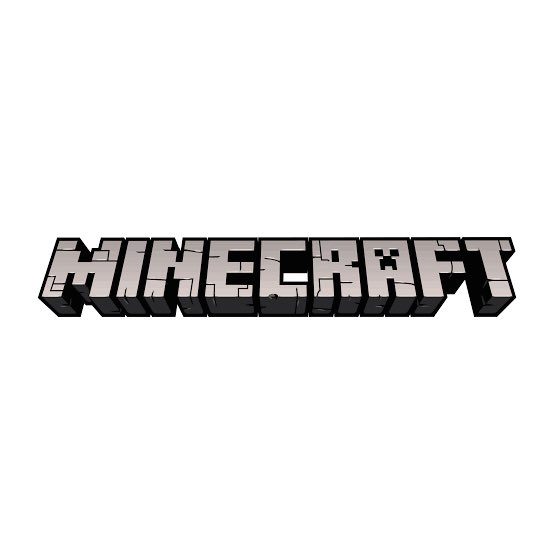Minecraft logo in blocky 3D letters with cracked stone texture on white background