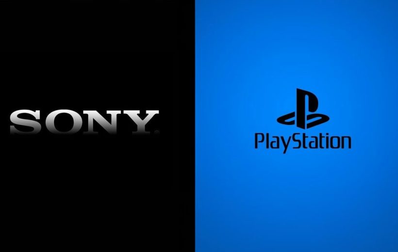 Black and blue split background showing Sony logo on left and PlayStation logo on right