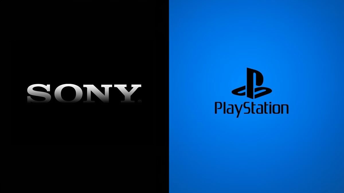 Black and blue split background showing Sony logo on left and PlayStation logo on right