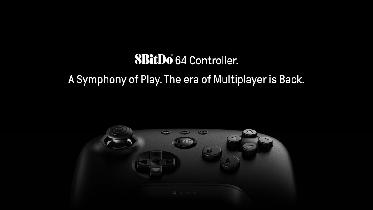 Black 8BitDo 64 wireless game controller shown against dark background with slogan above