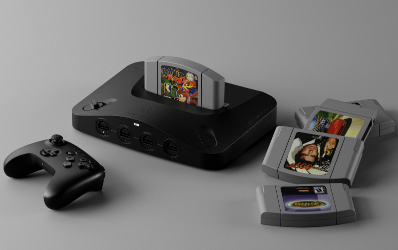 Retro-style black game console with controller and several inserted and stacked game cartridges
