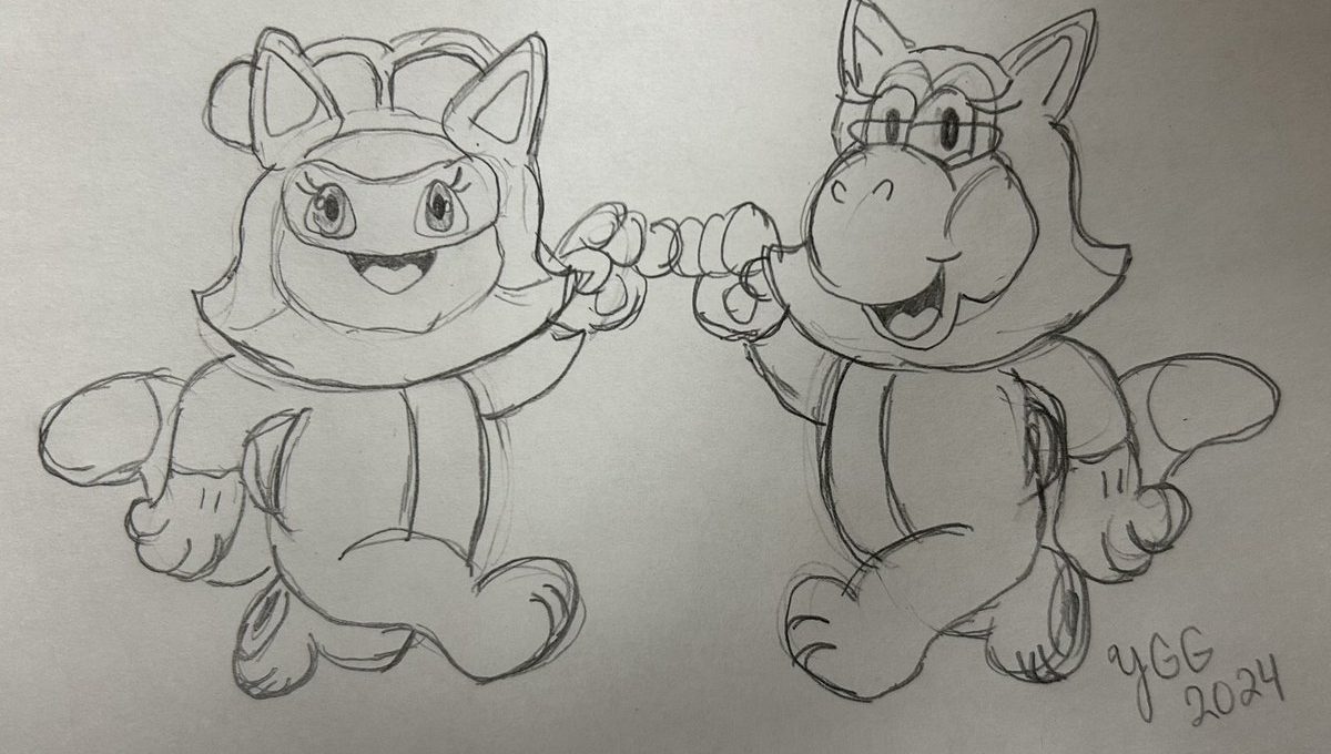 Two playful cartoon cat characters in costumes high-fiving while smiling on paper sketch