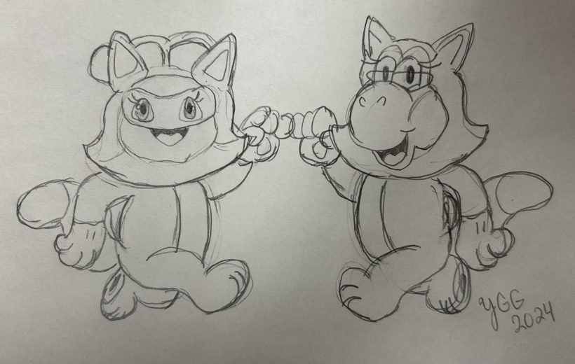 Two playful cartoon cat characters in costumes high-fiving while smiling on paper sketch