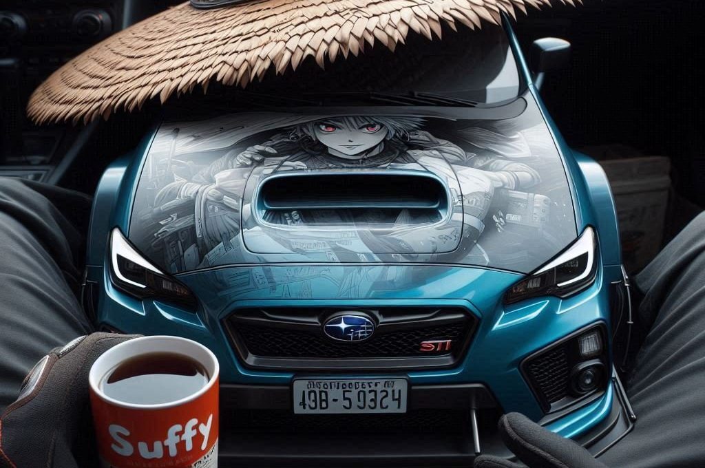 Hands in gloves holding coffee inside car, blue Subaru STI with anime hood decal