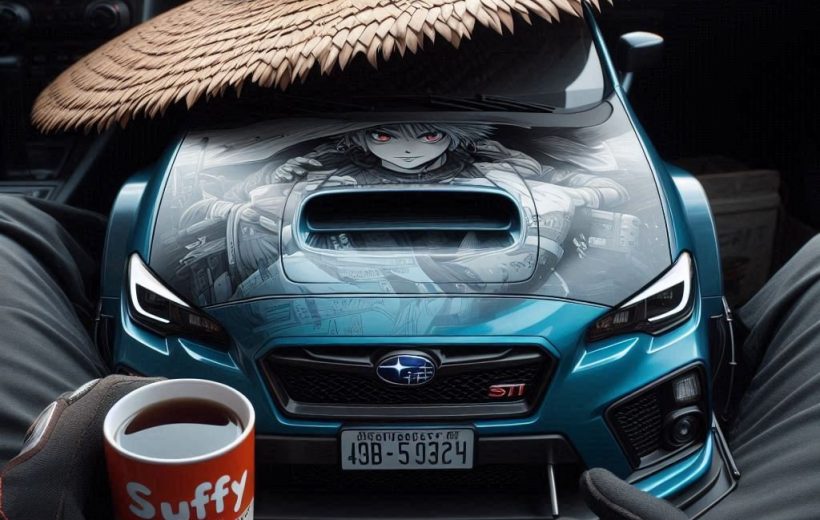 Hands in gloves holding coffee inside car, blue Subaru STI with anime hood decal