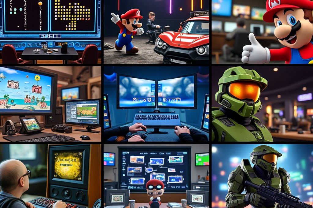 Collage of gaming scenes featuring consoles, PCs, Mario, and armored video game characters