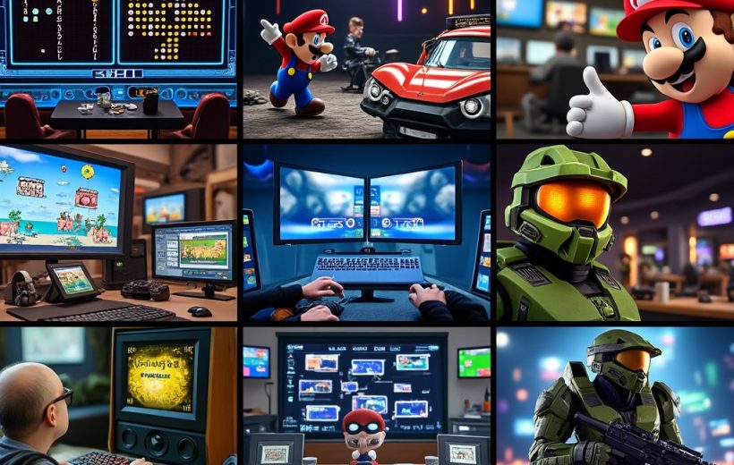 Collage of gaming scenes featuring consoles, PCs, Mario, and armored video game characters