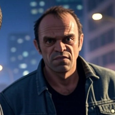 Middle-aged man with serious expression wearing a denim jacket against city night background