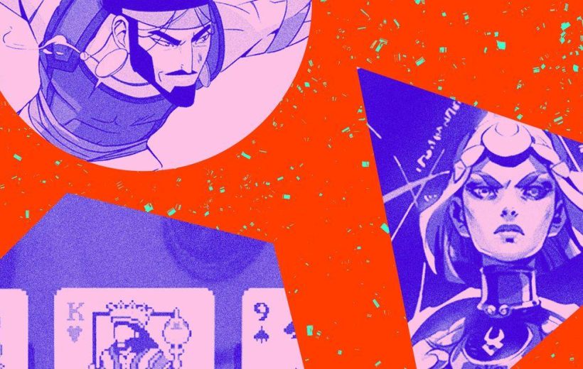 Stylized purple illustrations of medieval characters and playing cards on orange background