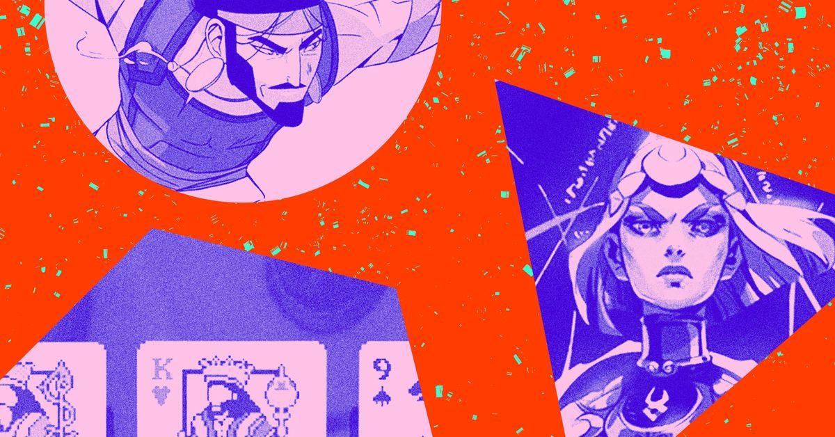 Stylized purple illustrations of medieval characters and playing cards on orange background