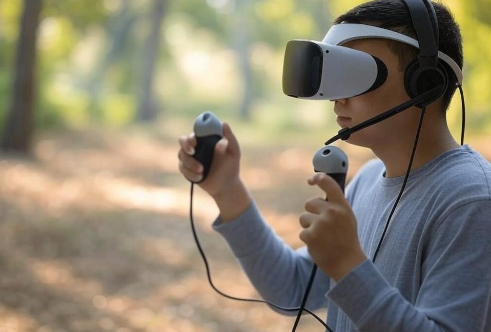Teen wearing VR headset and headset mic, holding two motion controllers outdoors in park