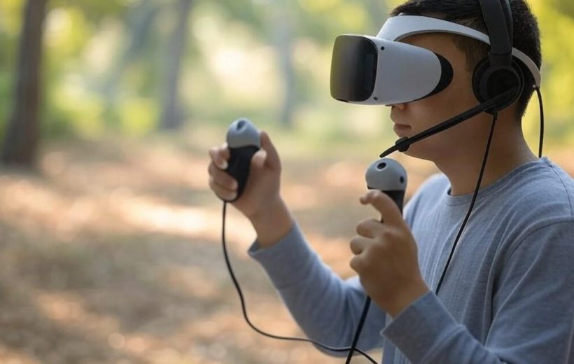 Teen wearing VR headset and headset mic, holding two motion controllers outdoors in park